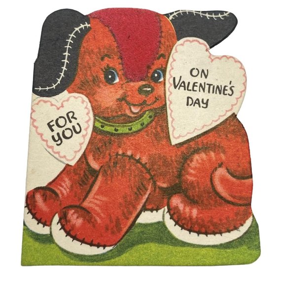 Vintage 1940s Valentine Greeting Card Dog Patchwork Flocked 3 Inch Die Cut - Picture 1 of 5